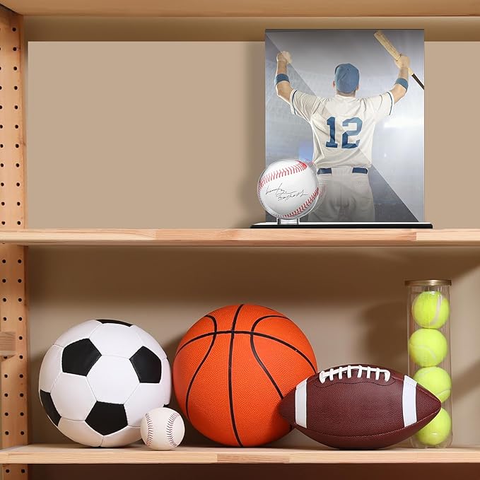 DoubleFill Acrylic Baseball Display Case for Ball and Cards Clear Base Ball Holder Ring Stand Set Centerpieces Protector Memorabilia Showcase for Official Size Baseball(Large)