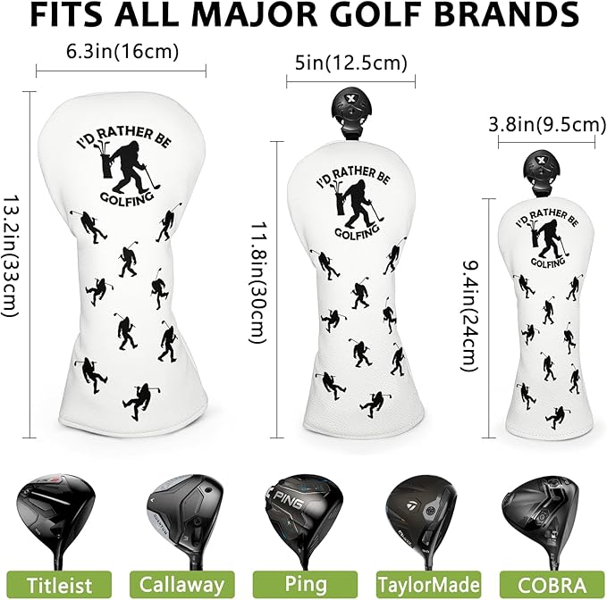 Golf Club Head Covers for Men Women, PU Leather Golf Headcover for Driver Fairway Wood and Hybrid, Funny Golf Accessories