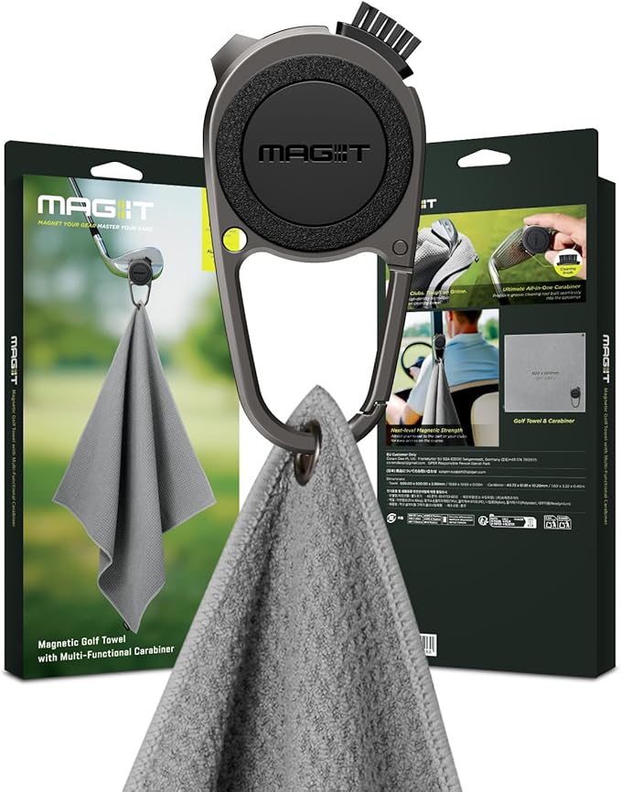 Legato MAG-iT Magnetic Golf Towel with Built-in Groove Cleaner & Sharpener – N52SH Ultra-Strong Magnet, Waffle Microfiber, Carabiner Included – Golf Bag Accessory – Grey
