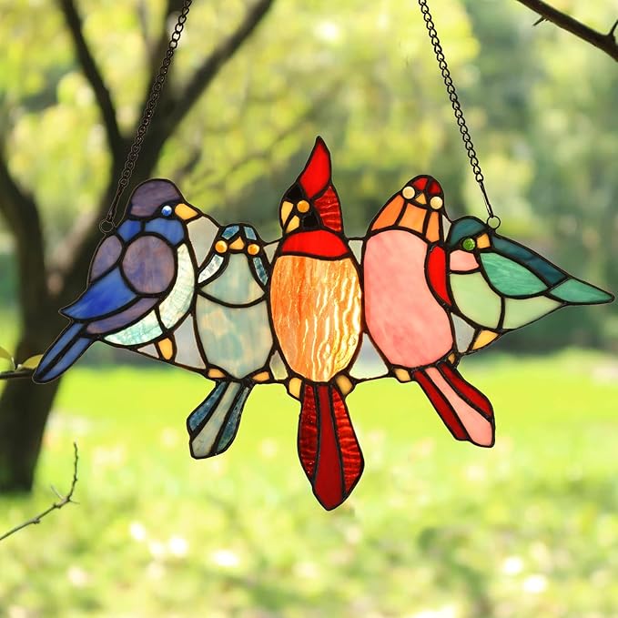 PA0011 Tropical Birds on The Wire Stained Glass Window Panel Tiffany Style by HomeBeauty
