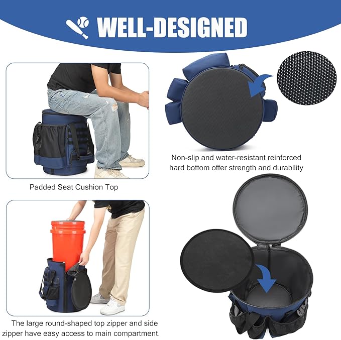 Baseball Bucket Bag 6 Gallon Bucket Cover Organizer w/Padded Seat tactical Softball Coaches Bag for Balls, Bat, Gloves, Scoreboards