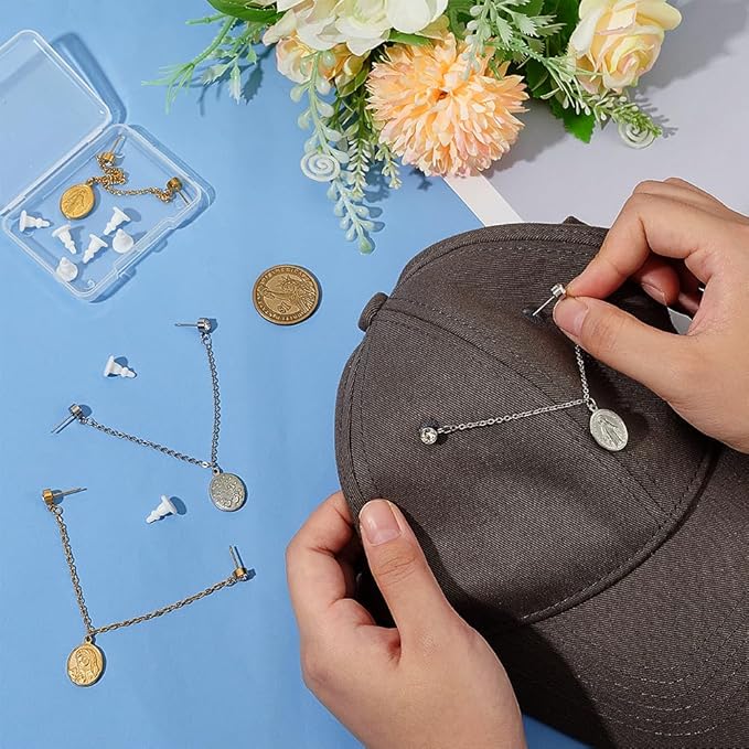 FINGERINSPIRE 4 Pcs Baseball Cap Chains 4.92inch Long 4 Styles 304 Stainless Steel Gold/Silver Hat Back Decoration With Oval Pendant for Trucker Hat Accessories Bar Party Supplies