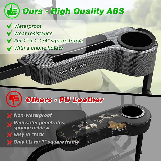 Roykaw Golf Cart Armrest No Drilling Rear Seat Arm Rest, Universal Compatible with EZGO Club Car Yamaha Square Frame Model, with Cup Holder & Phone Holder, Easy to Store & Waterproof