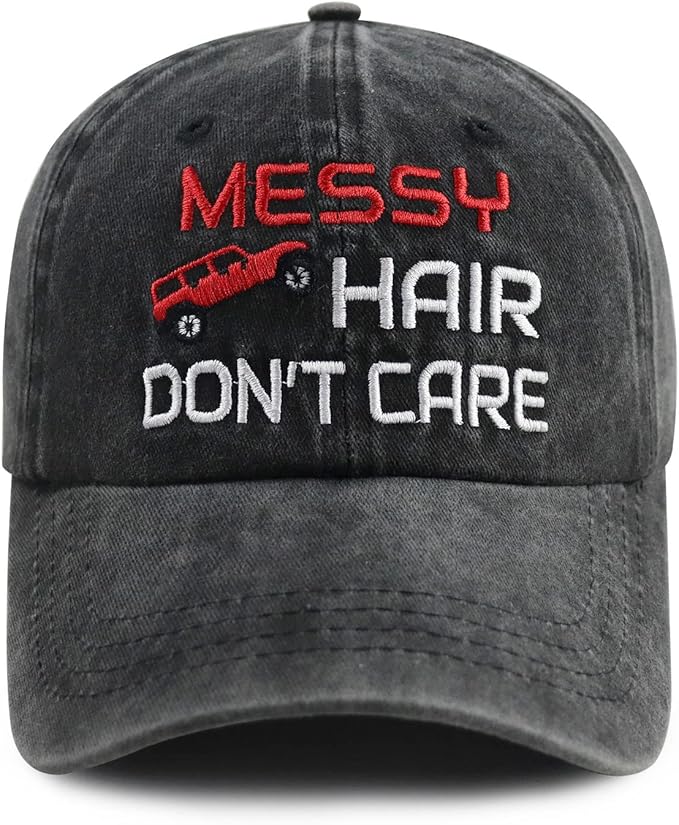 Goyklrb Messy Hair Don't Care Baseball Cap for Women Men, Funny Adjustable Washed Cotton Embroidered Hat