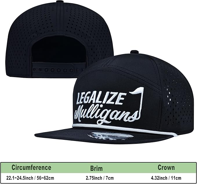 Funny Golf Hat for Men - Flat Bill Snapback Rope Hat, Black/White