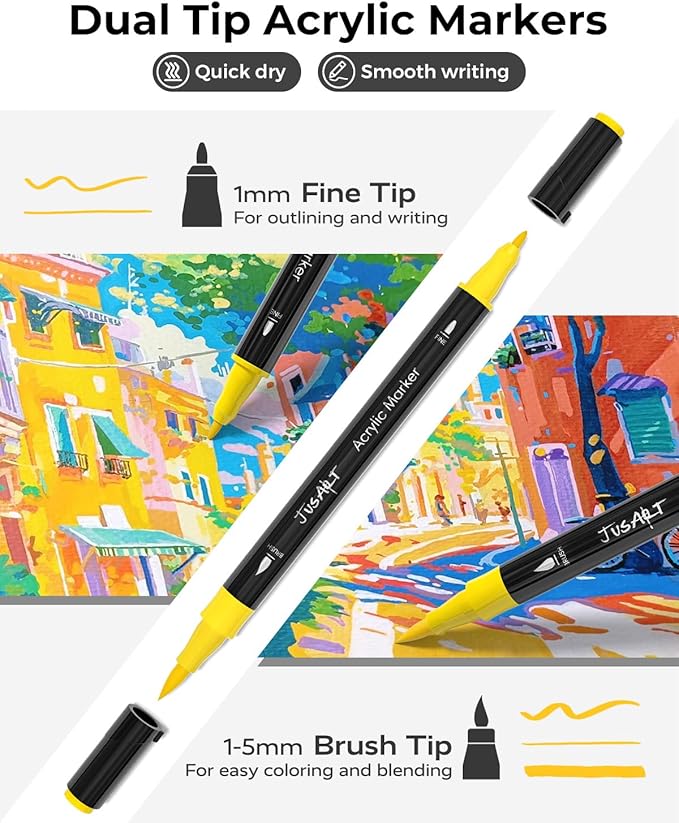 JusArt 48 Colors Dual Tip Acrylic Paint Pens Markers, Brush and Fine Tip - Image 2