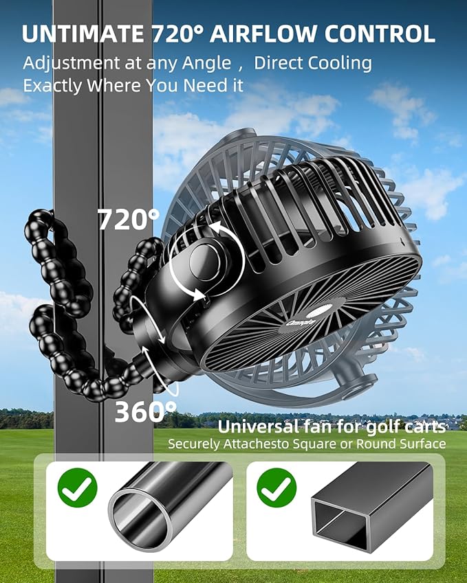 Golf Cart Fan Rechargeable, 12000mAh Battery Operated Portable Fan with 3 Speeds & Timer 360°Rotatable, Golf Palyer Essential Compatible with EZGO Club Car Yamaha Golf Accessories Gifts for Men Women