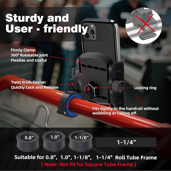 Golf Push Cart Phone Holder, Scooter Phone Mount, Stroller Phone Holder, Bike Phone Mount for All Phone Compatible with CaddyTek, Bag Boy, Clicgear, Sun Mountain, Baby Trend, Gaggle & More