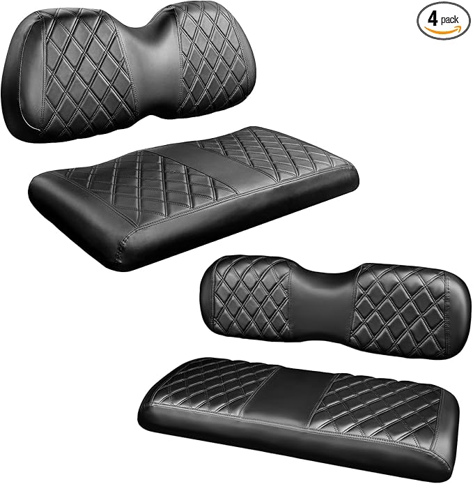 NOKINS 4PCS Golf Cart Diamond Seat Covers Kit,Front and Rear Seat Covers for Club Car Precedent/EZGO TXT/Yamaha Original Regular Seat Cushion (Black&Black Stitching, Club Car Precedent)