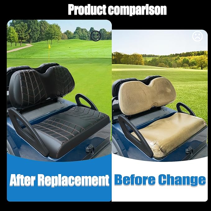 4PCS Golf Cart Seat Covers Kit, Front and Rear Seat Covers,Vinyl Seat Covers Accessories, No Staples（Black&Brown Stitch） (Fits Club Car Precedent)