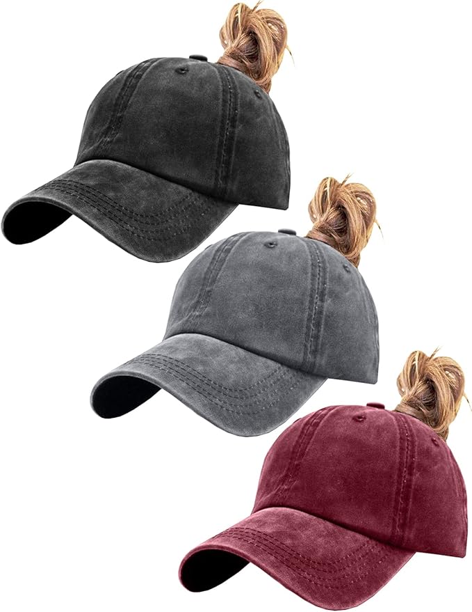 Womens Vintage Washed Distressed Baseball-Cap with Ponytail Hole Sport Golf Hat