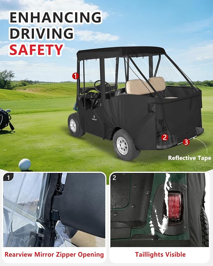 4 Passenger Golf Cart Enclosure for EZGO RXV 2+2 Seater Short Roof, Waterproof 600D Oxford Drivable Rain Cover with Full Roll-Up Clear Windows & Doors