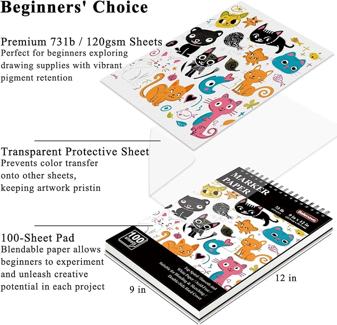 Belenova 9" x 12" Marker Paper Pad, 100 Sheets Bleedproof Sketchbook - Image 3