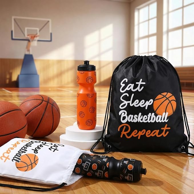 Reallnaive 24 Pcs Basketball Party Favor Gifts, 24 oz Basketball Water Bottle Reusable Sport Squeeze Drinking Cup, Eat Sleep Drawstring Bag Cinch Sack Sport Pack for School Team Gift Event Accessories