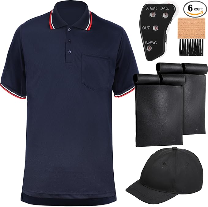 6 Pcs Baseball/Softball Umpire Accessories Set Including Umpire Shirt Hat Indicator Brush Ball Bag for Men Referee