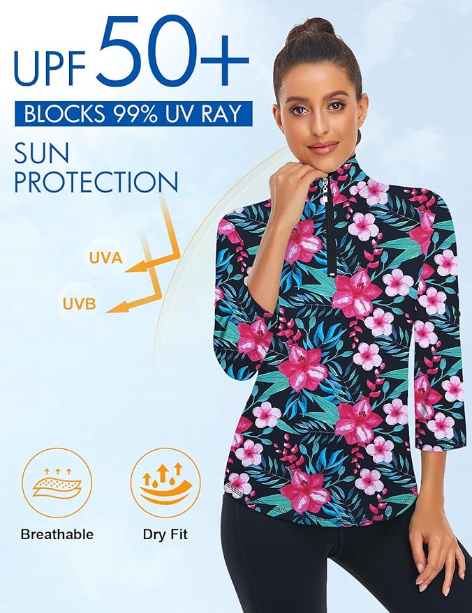 Koscacy Women's 3/4 Roll Sleeve Golf Tennis Polo Shirts UPF50+ Half Zip Dry Fit Workout Tops Athletic Shirt
