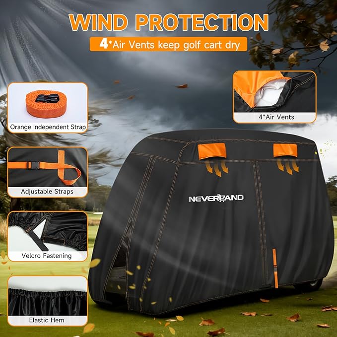 NEVERLAND Golf Cart Cover 2 Passenger, Heavy Duty 420D Golf Cart Covers, Waterproof Club Car Golf Cart Cover with Zipper Doors Compatible with EZGO Yamaha Club Car 2 Seat (Up to 95 Inch)