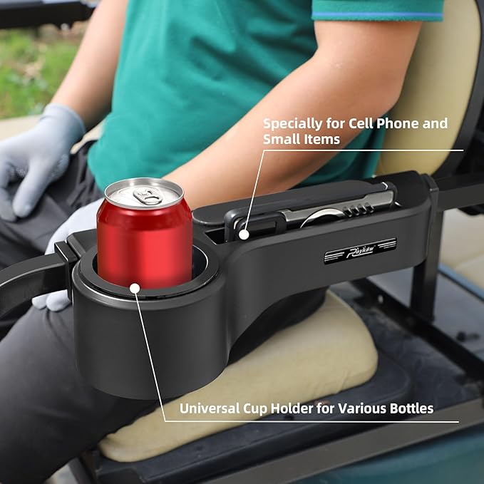 Roykaw Golf Cart Armrest No Drilling Rear Seat Arm Rest, Universal Compatible with EZGO Club Car Yamaha Square Frame Model, with Cup Holder & Phone Holder, Easy to Store & Waterproof