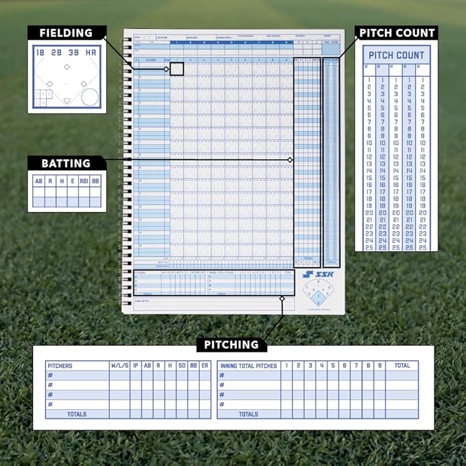 SSK 50 Game Official Scorebook Baseball + Softball – Premium Cover Score Keeping Book – 15 Player - Home + Away Team – 9.25”x12”
