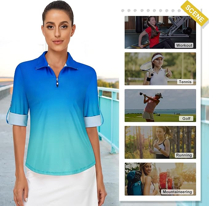Koscacy Women's 3/4 Roll Sleeve Golf Tennis Polo Shirts UPF50+ Half Zip Dry Fit Workout Tops Athletic Shirt