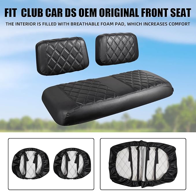 NOKINS Golf Cart Seat Covers Fit Club Car DS Pre-2000 OEM Ordinary Front Seat Cushion,Golf Cart Leather Diamond Replacement Front Seat Cover Black Stitching No Stapler Required