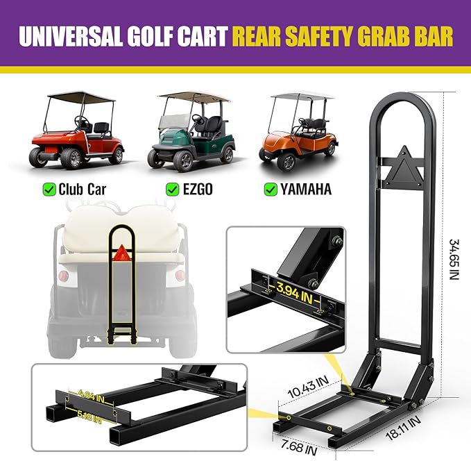Golf Cart Rear Seat Grab Bar, Universal Back Seat Handrail Grip Bar Compatible with Club Car EZGO YAMAHA(2+2) /(4+2) Golf Cart with Metal Footplates, Heavy Duty Safety Hand Rail for Passenger Security