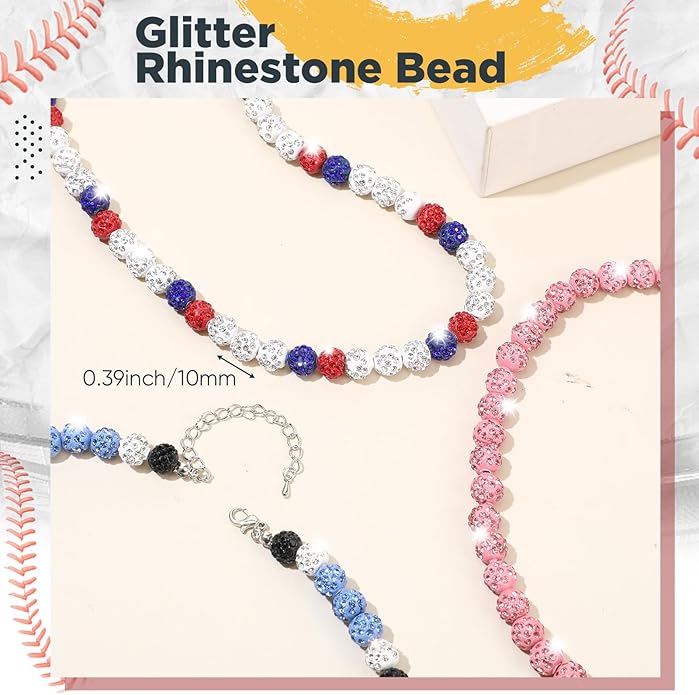 Landical 12 Pcs Bling Baseball Necklace Ice Beaded Baseball Necklace Cool Gifts Bulk for Team Players Lovers Fans