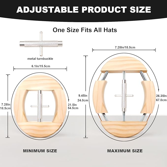 4 Way Hat Stretcher, Hat Stretcher for Fitted Hats, Heavy Duty Hats Shaper Extender w. Lever Wrench for Men All Kind of Caps
