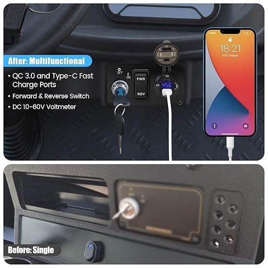 briidea 3 in 1 Multifunctional Integrated Panel with DC 10V-60V QC3.0 and Type-C Dual USB Fast Charger Socket, Forward Reverse Switch, Compatible with EZGO TXT, PDS & Medalist