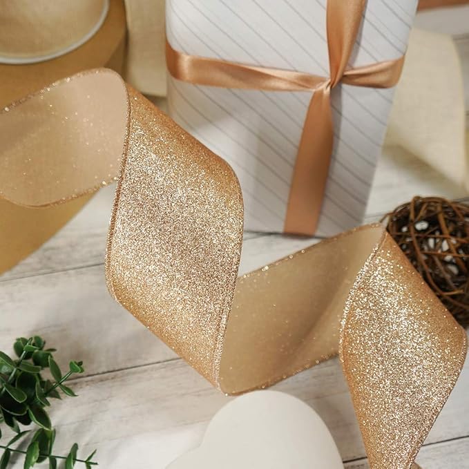 CT CRAFT LLC Glitter Wired Ribbon 2.5" x 10 Yards Gold - Image 3