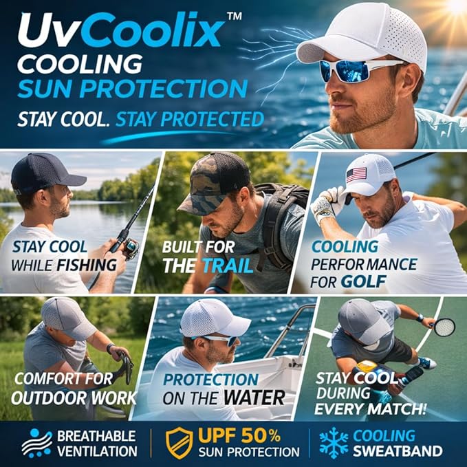 UVCoolix™ Cooling Sweatband Baseball Cap for Hot Weather,Breathable Sun Protection,Water-Resistant Golf Performance Hat