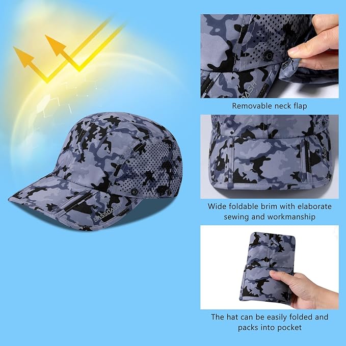 BASSDASH UPF 50+ Foldable Fishing Hat Baseball Cap with Removable Neck Flap Portable for Men Women Golf Hiking