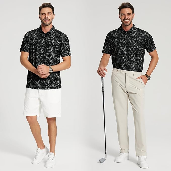 Golf Shirts for Men - Moisture Wicking Short Sleeve Performance Sport Casual Striped Collared Mens Polo Shirt