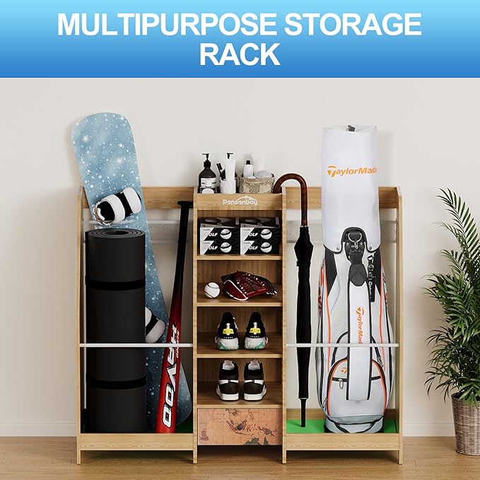 Golf Bag Storage Organizer for Garage, Premium Wooden 2 Golf Bags Rack with Drawer, Easy Assemble Golf Club Stand/Holder Suitable for Garage Home Simulator and Office