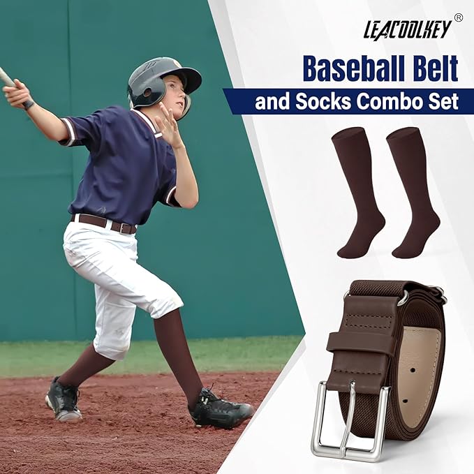 LEACOOLKEY Baseball Belt and Socks Combo Set Adjustable Softball Socks and Elastic Belt for Youth and Adult