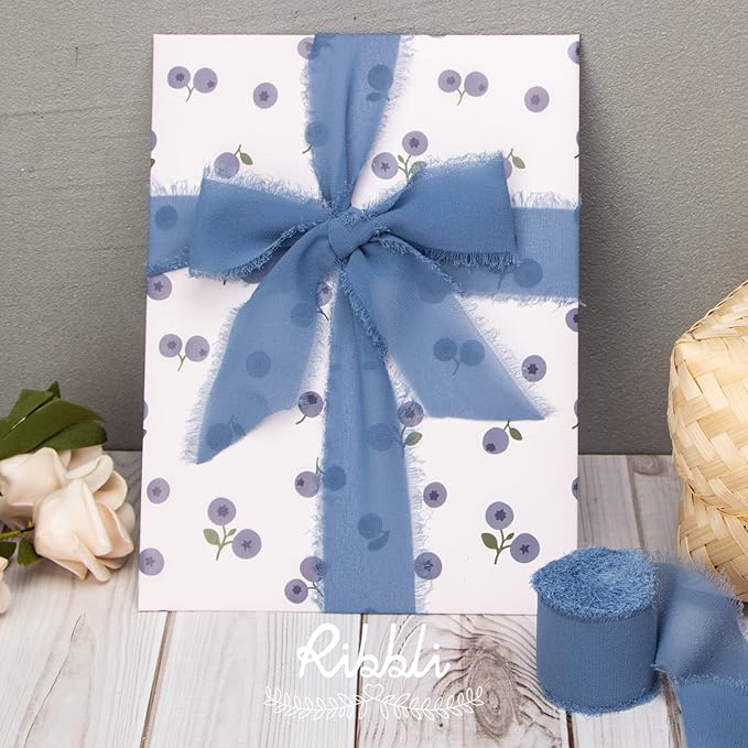 Ribbli Dusty Blue Chiffon Ribbon 1-1/2 inch x 20 Yard Handmade Fringe Chiffon - Image 6