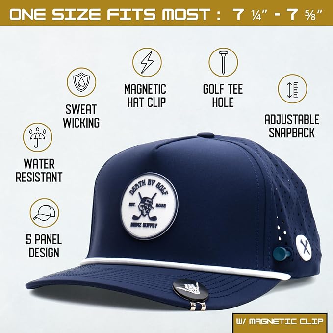 BRIMZ Golf Performance Hat - Tee Holder & Magnetic Ball Marker - Breathable, Sweat & Water Resistant Golfing Snapback Hat