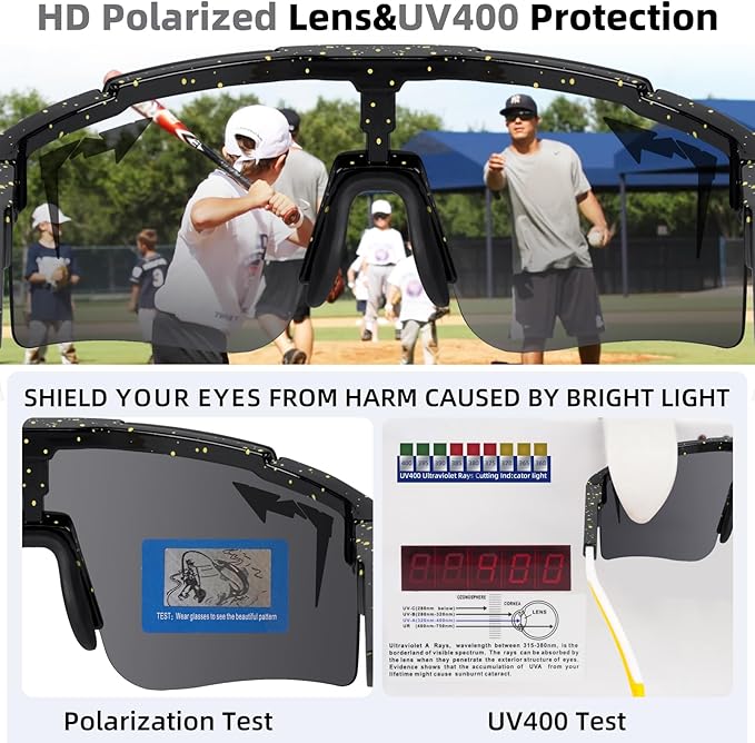 2-Sizes Kids Youth Baseball Sunglasses Men Women Vipers Sunglasses Softball Boys Girl True Polarization &UV Protection