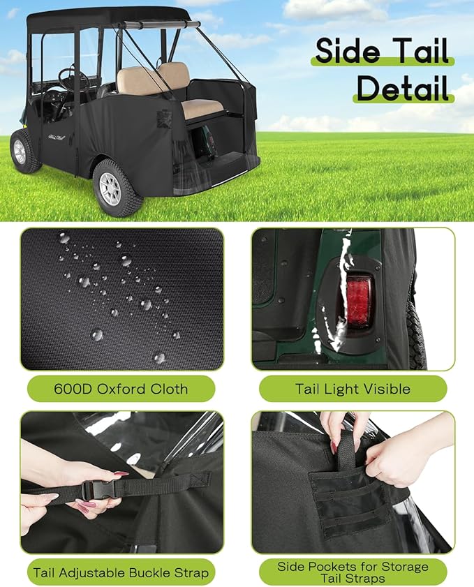 4 Passenger Golf Cart Enclosure for EZGO RXV Short Roof 2+2 4-Seater Waterproof Windproof Driving Rain Cover 4-Sided Clear Windows Roll-up Door Black