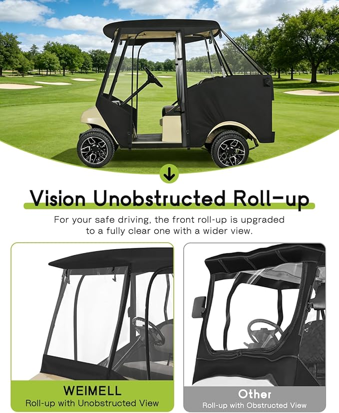 Golf Cart Enclosure 4 Passenger for Club Car DS 4-Seater 2+2 58" Short Roof Waterproof Windproof Driving Rain Cover with 4-Sided Clear Windows Mirror Zipper Roll-up Door Black