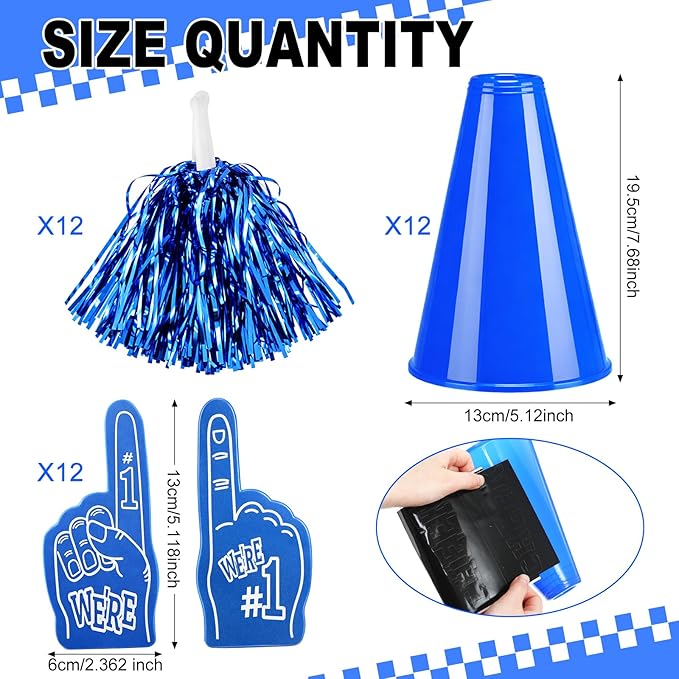 12 Set Team Spirit Accessories for Cheerleading Cheer Megaphone Pom Poms and We're #1 Fan Foam Finger Cheerleader Gifts for Sports Events Football Baseball Cheering Supplies