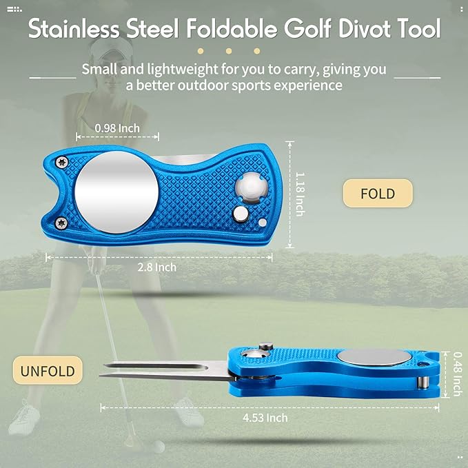 Skylety 6 Packs Golf Repair Tool Stainless Steel Foldable Golf Divot Tool Magnetic Button Ball Marker