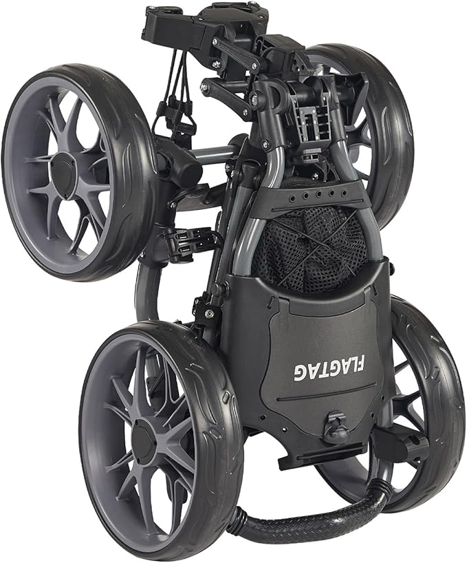 FLAGTAG Golf Push Cart 4-Wheels,Folding Golf Cart, Golf Pull cart with Cup Holder,Umbrella Holder,Cooler Bag, Foldable with one-Click,Handle Height Adjustable,Drink Holder,Walking Push cart