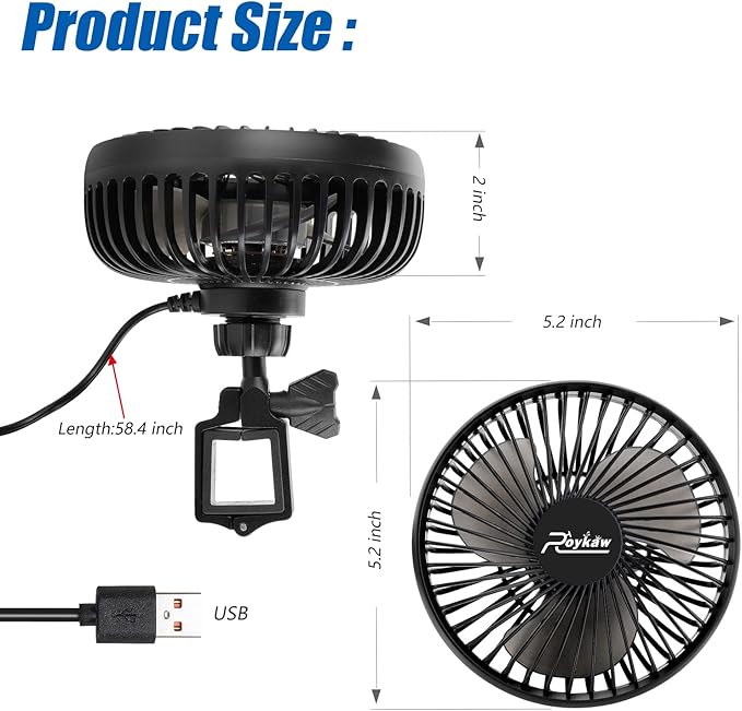 Roykaw Golf Cart Fan Portable USB Input Compatible with EZGO Club Car Yamaha, 3-speed Settings, 360 Degree Rotation, Long Lasting, Low Noise Designed, Quick Release & Won't Fall off