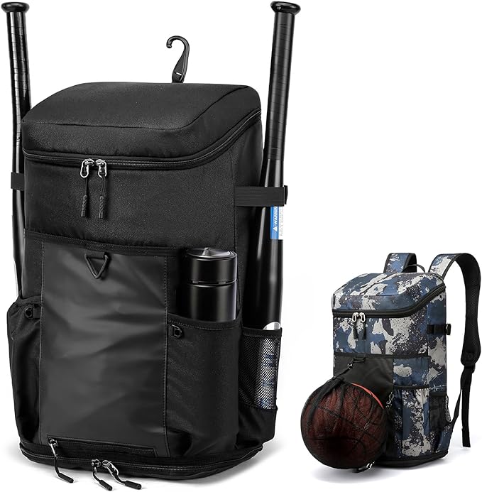 TUGUAN Baseball Backpack Equipment Bag for Adult with 2/4 Bat Holder & Fence Hook Lightweight Mens Softball Bag with Shoes Compartment Coaches Catchers Team Baseball Gear Bags Youth Boys