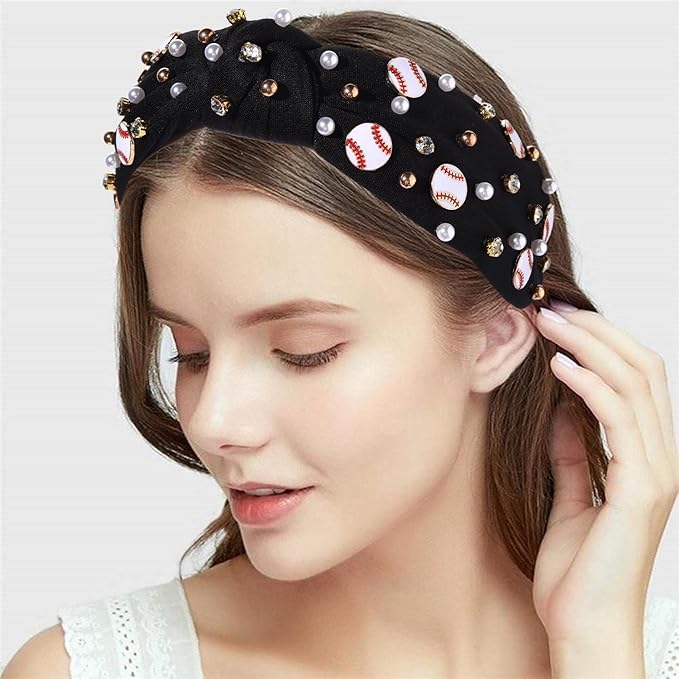 Baseball Headband for Women Baseball Accessories Beaded Crystal Pearl Knotted Headbands Baseball Charm Embellished Headband Wide Top Knot Sports Game Day Headband Gifts (A-Black 2)