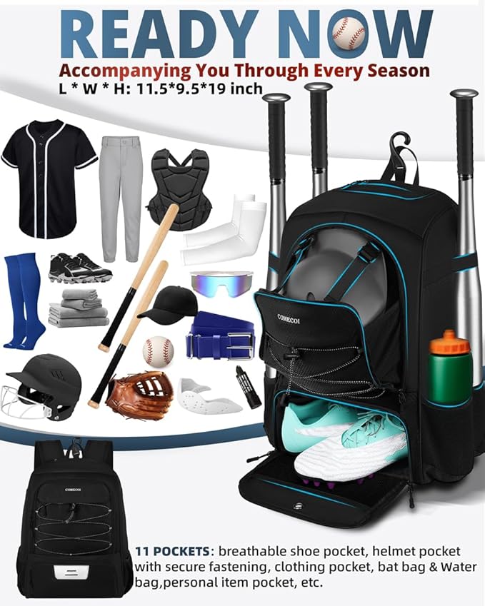 COMECOI Baseball Bag, Baseball Backpack with Helmet Shoes Bag for Youth, Adult, Lightweight Softball Bag with Fence Hook Hold TBall Bat, Baseball Glove, Helmet, Caps, All Gear
