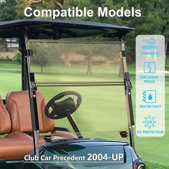 Club Car Precedent Windshield,Golf Cart Windshield for Precedent/Tempo/Onward (2004-Up)– Heavy Duty Hinges, Foldable, Anti-UV & Impact Resistant, 5MM Thick PC Material, 37.6"W X 33.2"H (tinted)