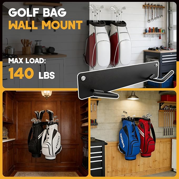 Golf Bag Wall Mount for Garage, with Anti-Slip Hooks, Wall Mount Golf Bag Holder, Space Saving Heavy-Duty Wall Mount Organizer for Golf Bags & Accessories, 2 Pack