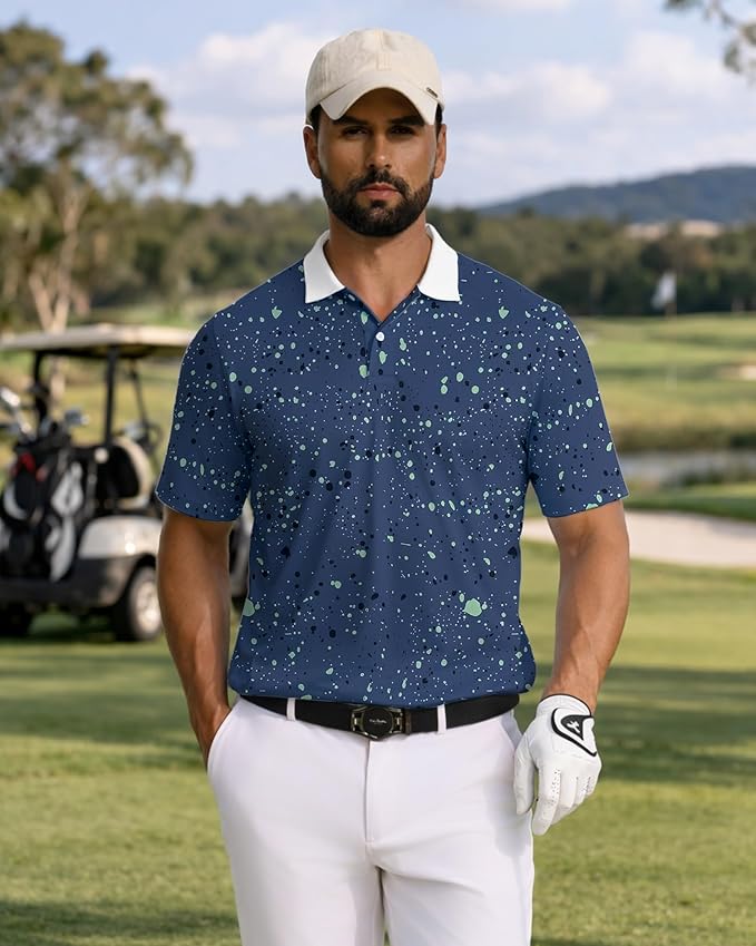 KUYIGO Mens Polo Shirt Quick Dry Moisture Wicking UPF 40+ Performance Printed Short Sleeve Summer Tennis Golf Shirt